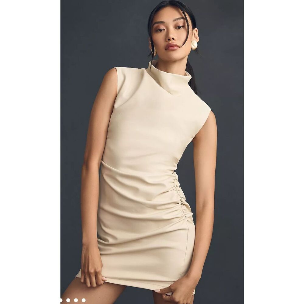 Anthropologie Cream Sleeveless Mock Neck Ruched Mini Dress